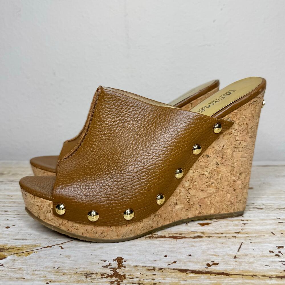 Michael Kors Belinda Mule Brown Leather Studded Cork Wedge Platform Heels 7.5M
